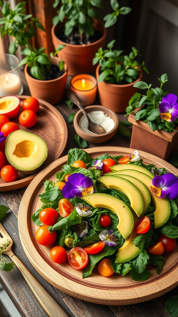 Vegan Lifestyle Aesthetic: A Guide to Plant-Based Living A colorful vegan salad served on rustic tableware with herbs and candles, creating a warm and inviting aesthetic.